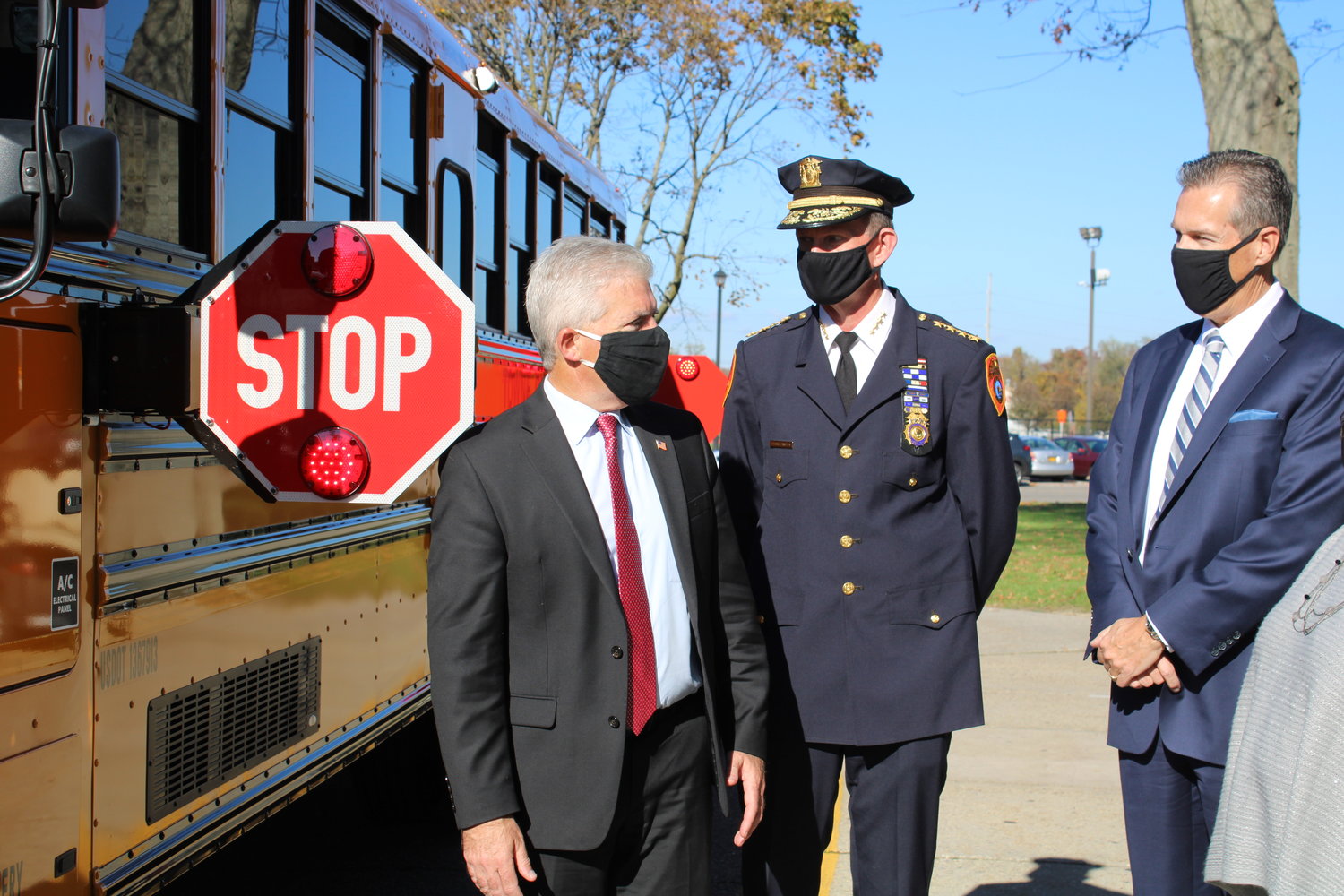 Suffolk County executive Steve Bellone announces a new partnership with BusPatrol America, Nov. 10, at Bay Shore’s district building, which will implement stop-arm cameras to roughly 6,000 school buses in the county.